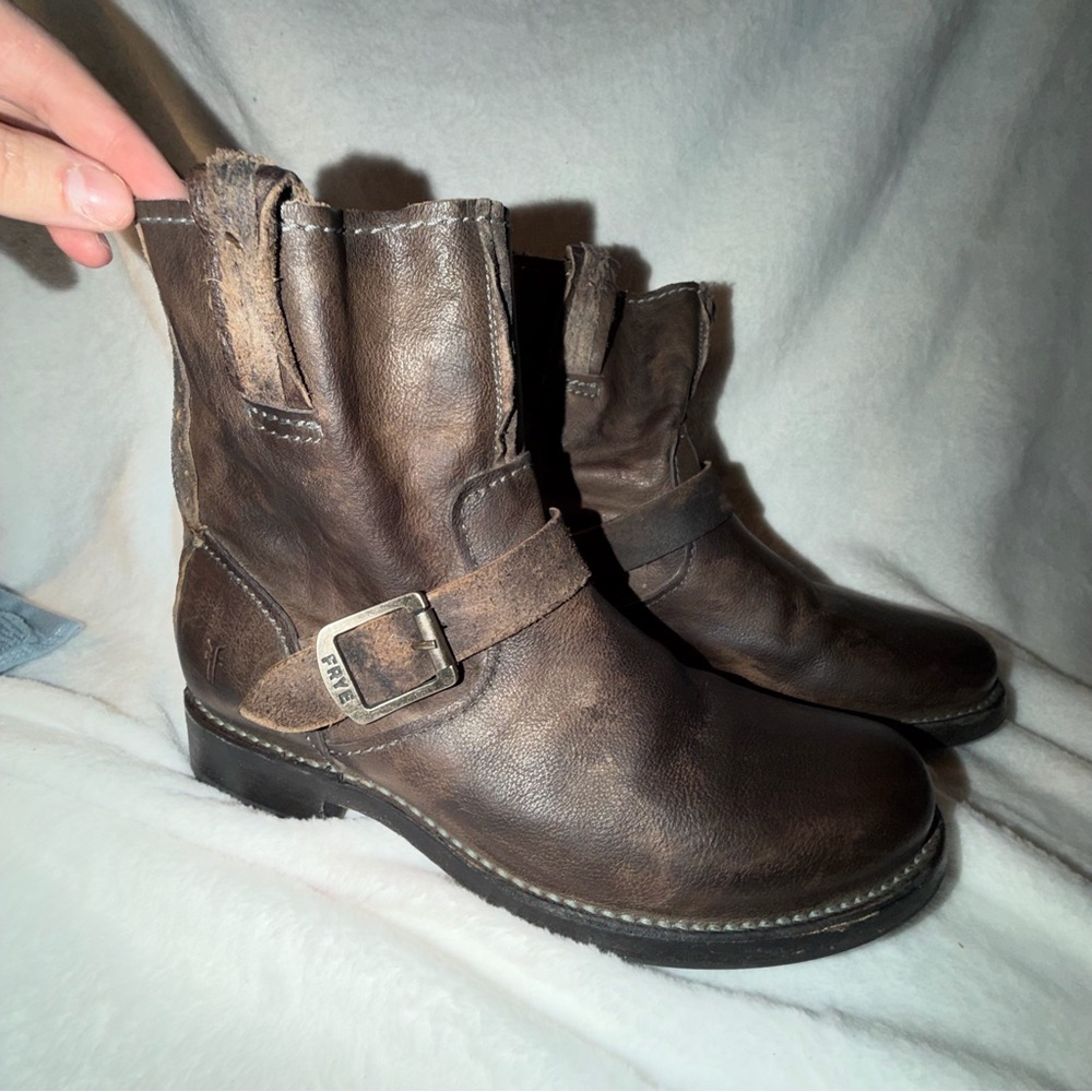 Frye Dark Brown Leather Buckle Moto Boots